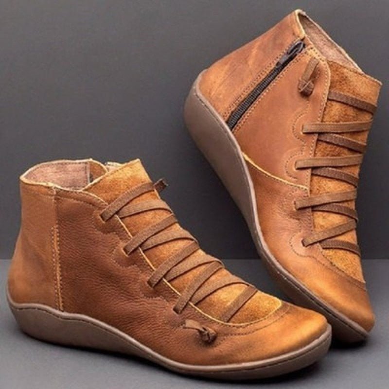 Women’s Ankle Boots – Leather – Lace-Up Front – Side Zipper – Snug Fit – Contrast Panels