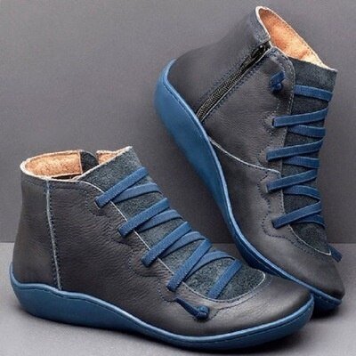 Women’s Ankle Boots – Leather – Lace-Up Front – Side Zipper – Snug Fit – Contrast Panels