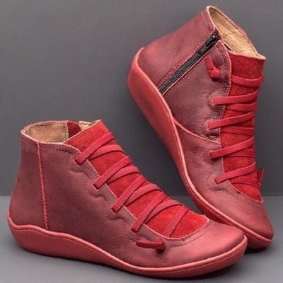 Women’s Ankle Boots – Leather – Lace-Up Front – Side Zipper – Snug Fit – Contrast Panels