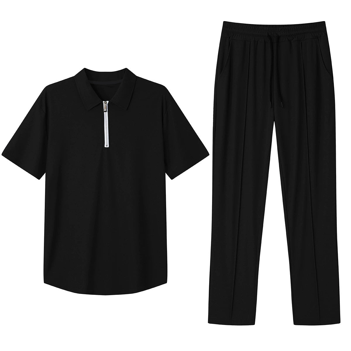 Men's Polo Shirt & Track Trousers - Zip Neck - Short Sleeve - Elastic Waist - Casual Fit
