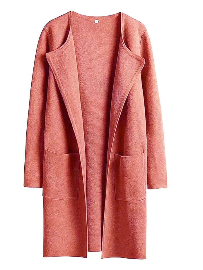 Women’s Knee-Length Coat – Wool Blend – Relaxed Fit – Wide Lapel – Patch Pockets
