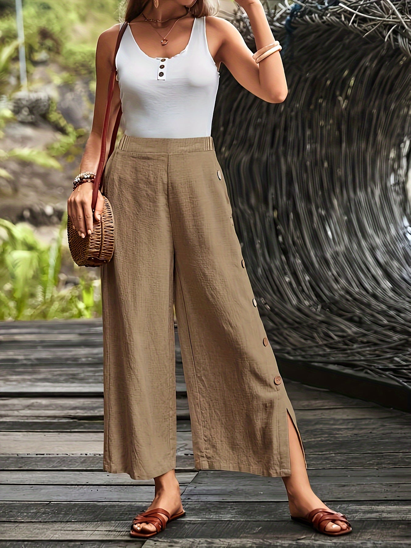 Women's Wide-Leg Trousers - High Waist - Lightweight Breathable Fabric - Side Slit Detail