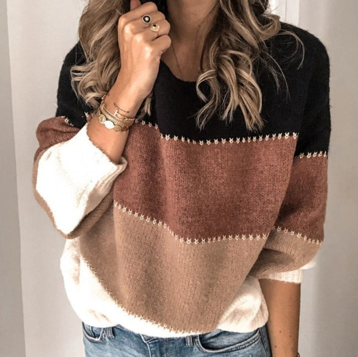 Women's Knitted Sweater - Loose Fit - Striped - Long Sleeve - Round Neck Casual Wear