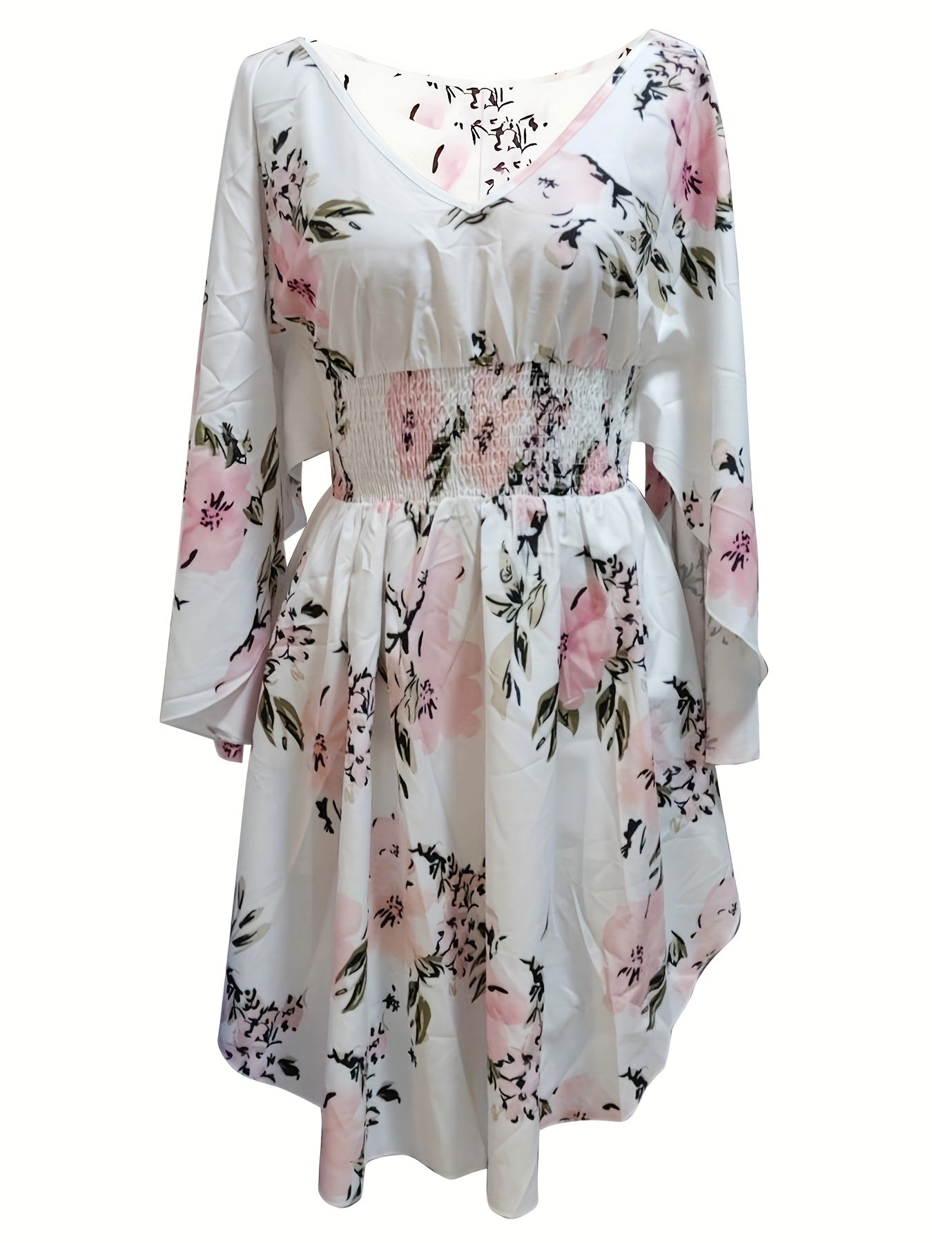 Women's Floral Dress - V-Neck - Bell Sleeves - Smocked Waist - Ruffled Asymmetrical Hem