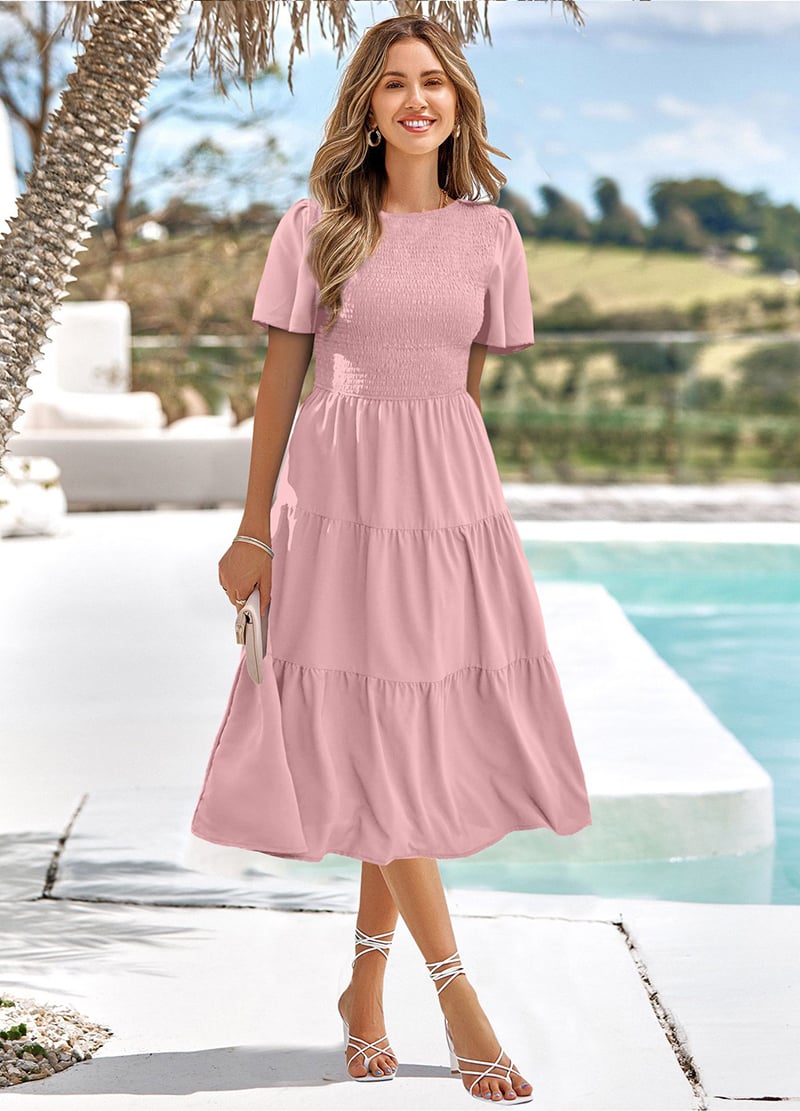 Women's Midi Dress - Smocked Bodice - Tiered Skirt - Short Sleeve - Round Neck