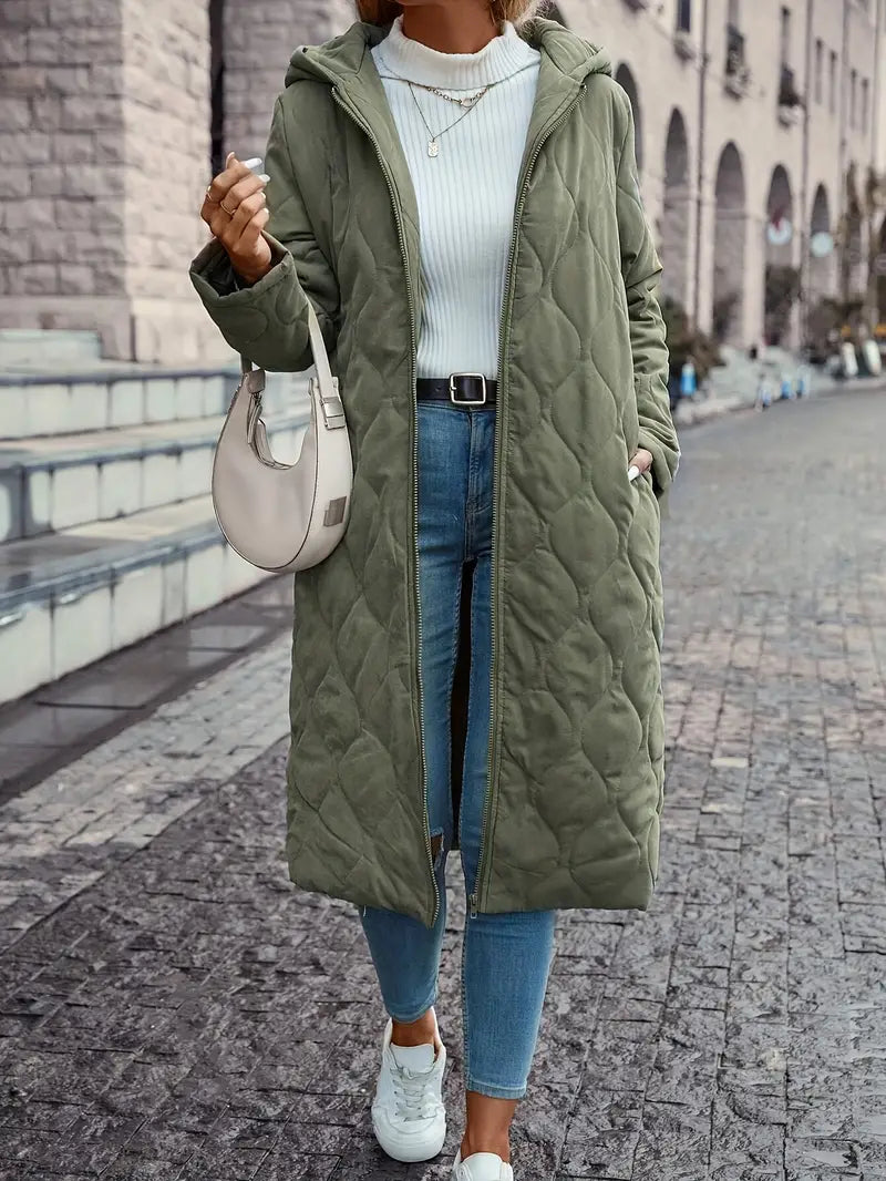 Women’s Quilted Coat – Relaxed Fit – Hooded – Full Length – Zip Front