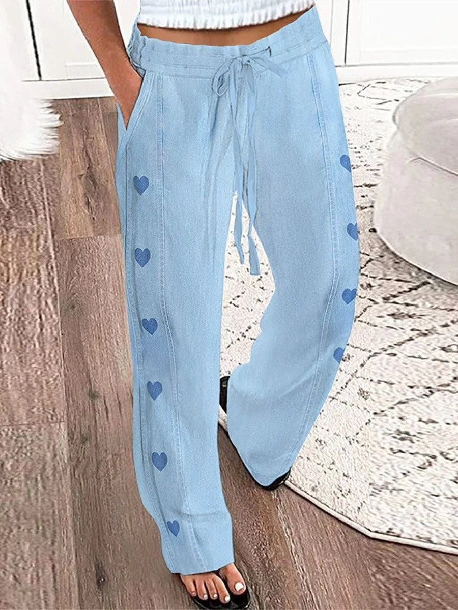Women’s Wide-Leg Trousers – Relaxed Fit – Drawstring Waist – Heart Detail – Breathable Blend