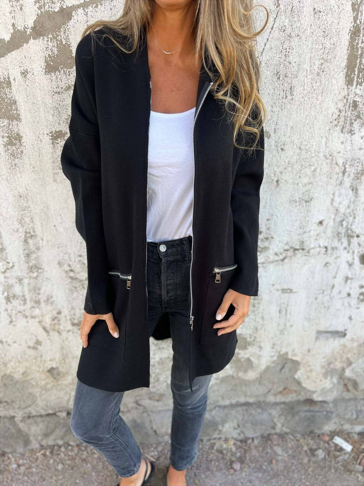 Women’s Hooded Jacket – Oversized Fit – Knee Length – Zip Pockets