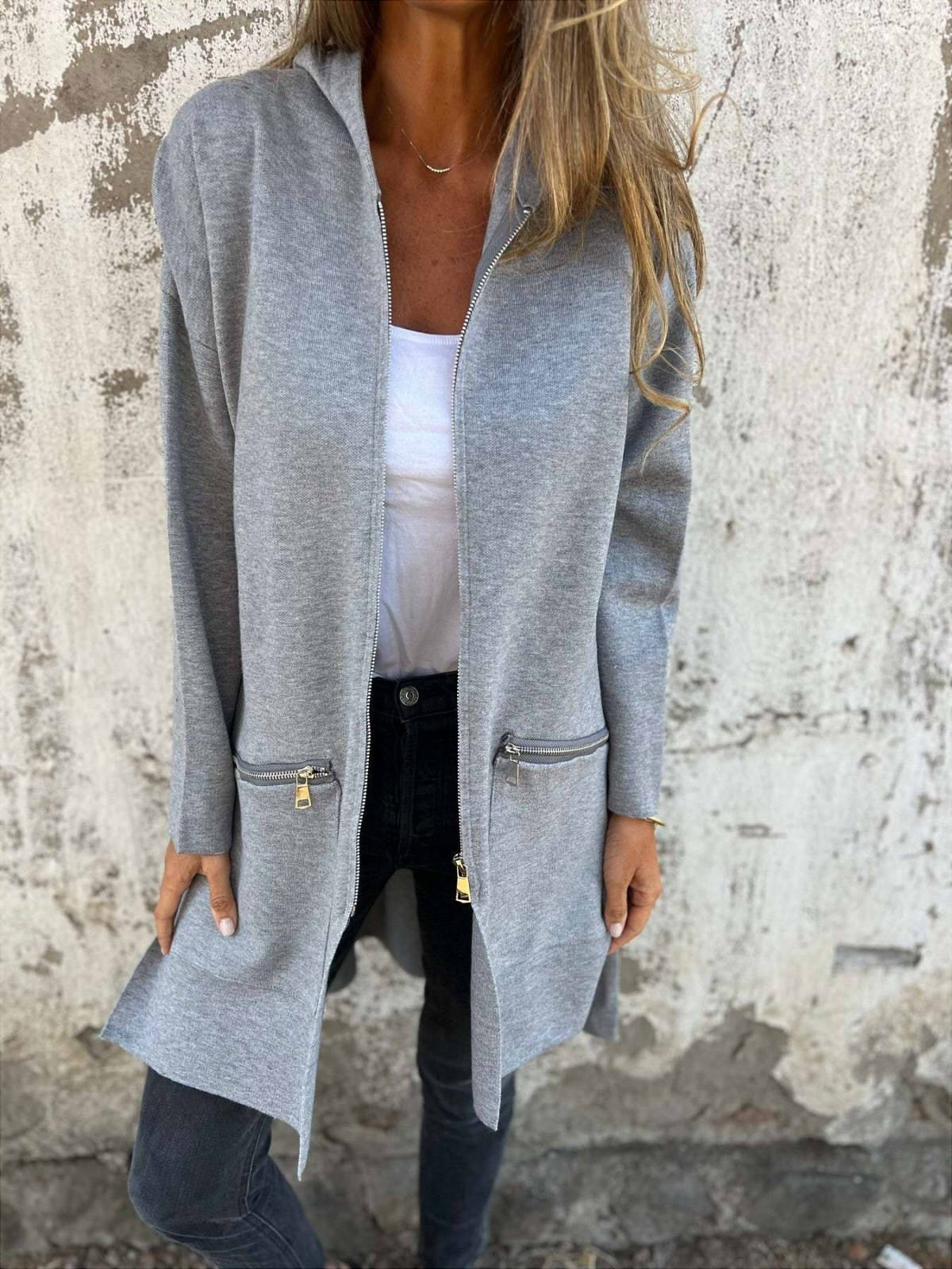 Women’s Hooded Jacket – Oversized Fit – Knee Length – Zip Pockets