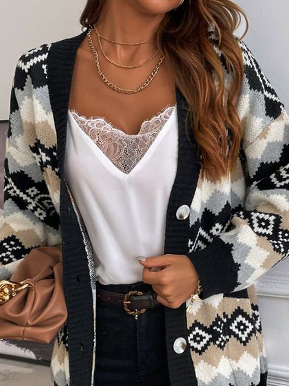 Women’s Sweater Coat – Soft Knit – Oversized Fit – Ethnic Pattern – Button Front
