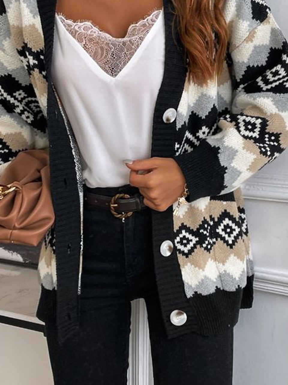 Women’s Sweater Coat – Soft Knit – Oversized Fit – Ethnic Pattern – Button Front