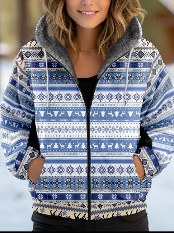 Women’s Casual Jacket – Loose Fit – Faux Fur Lined – Hooded – Ethnic Pattern – Zip Front
