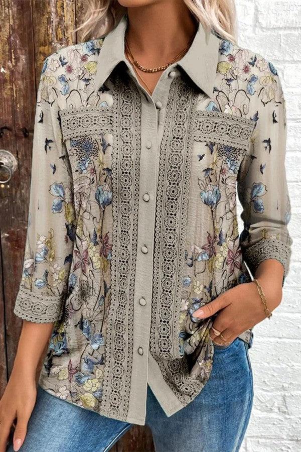Women’s Blouse – Loose Fit – Floral Pattern – Lace Trim – Three Quarter Sleeve – Breathable Blend