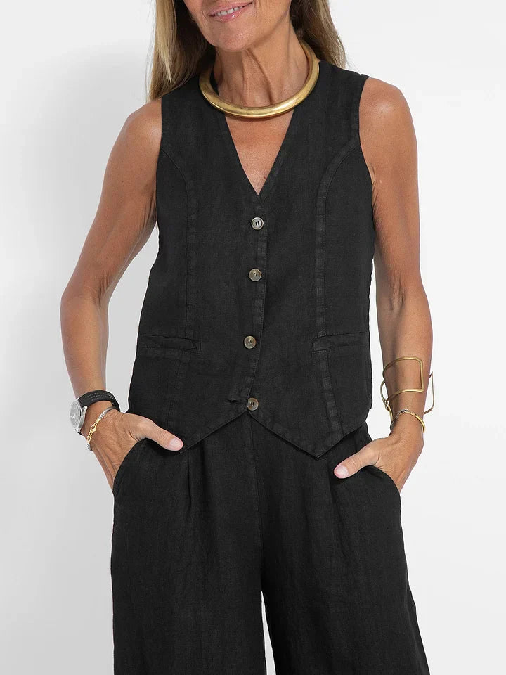Women's Tailored Vest - Lightweight Linen - Fitted Buttoned Front - Versatile Formal & Casual