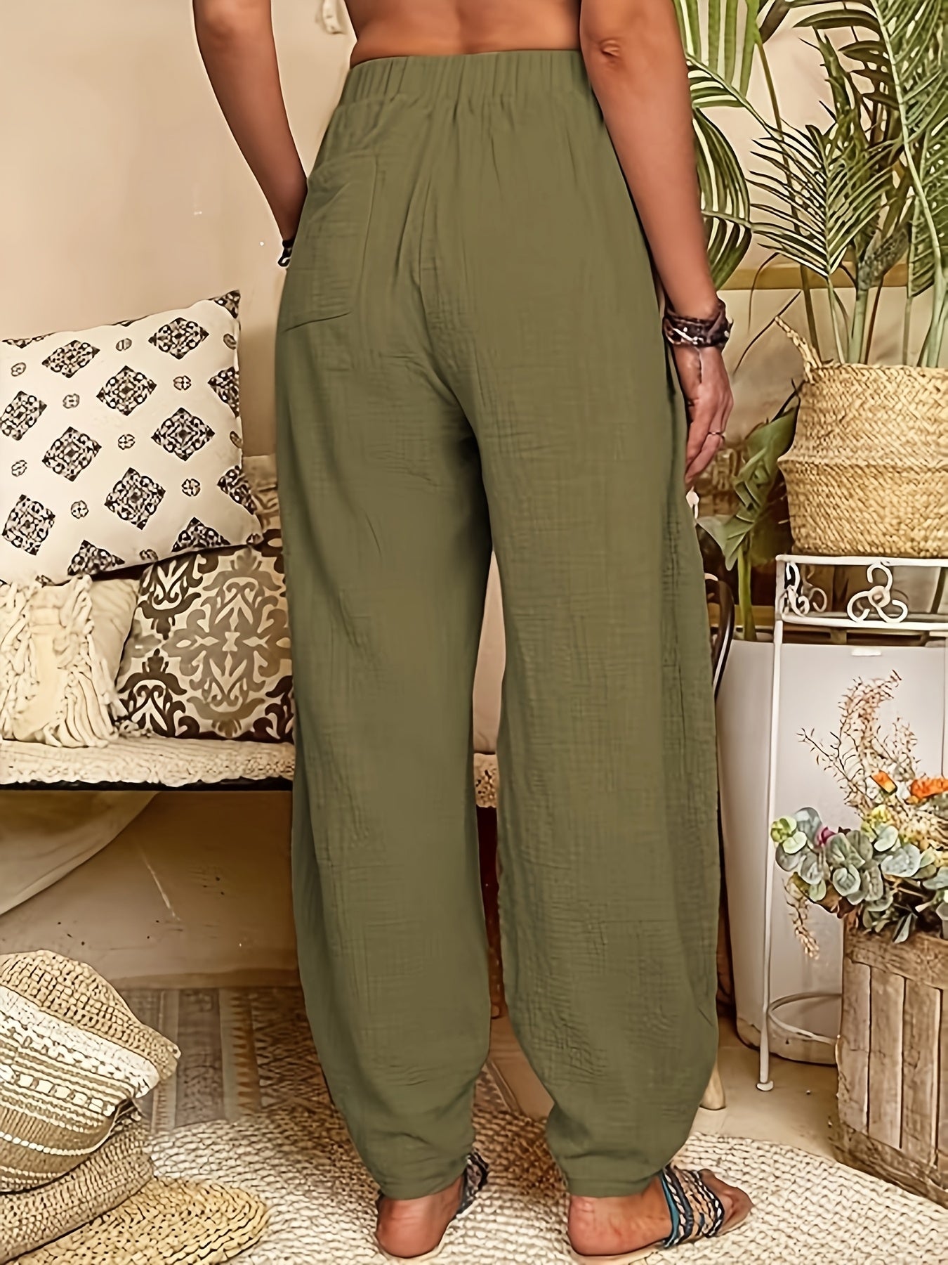 Women's Trousers - Relaxed Fit - Elastic Waist - Lightweight & Breathable - Pocket Detail