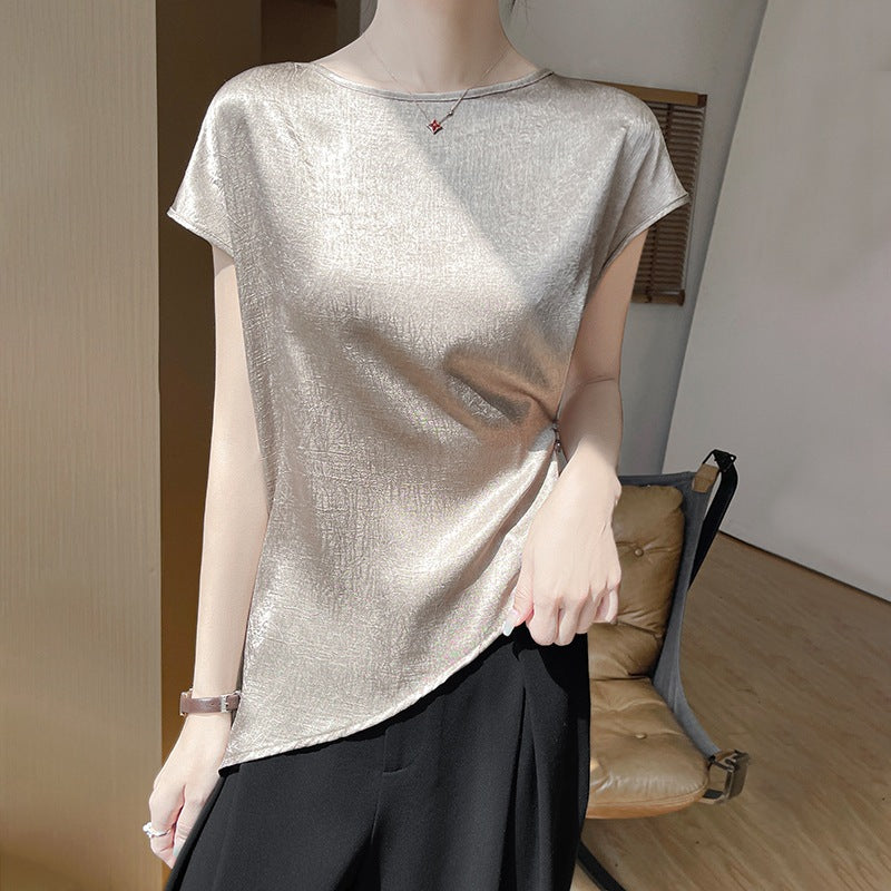 Women’s Short Sleeve Blouse - Asymmetrical Hem - Elegant Casual Top