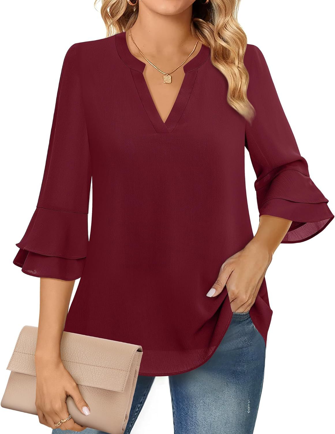 Ruffle sleeve blouse with V-neckline for women
