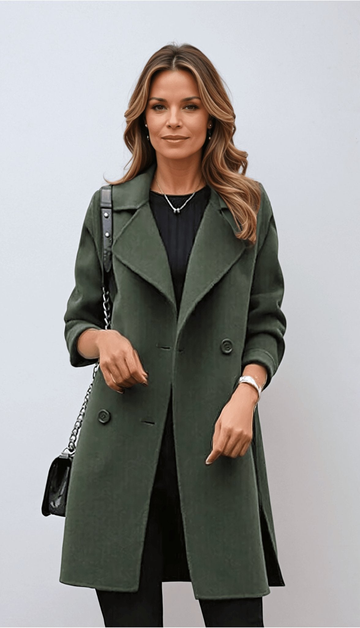 Women’s Double-Breasted Coat – Structured Fit – Wool Blend – Wide Lapels – Knee Length