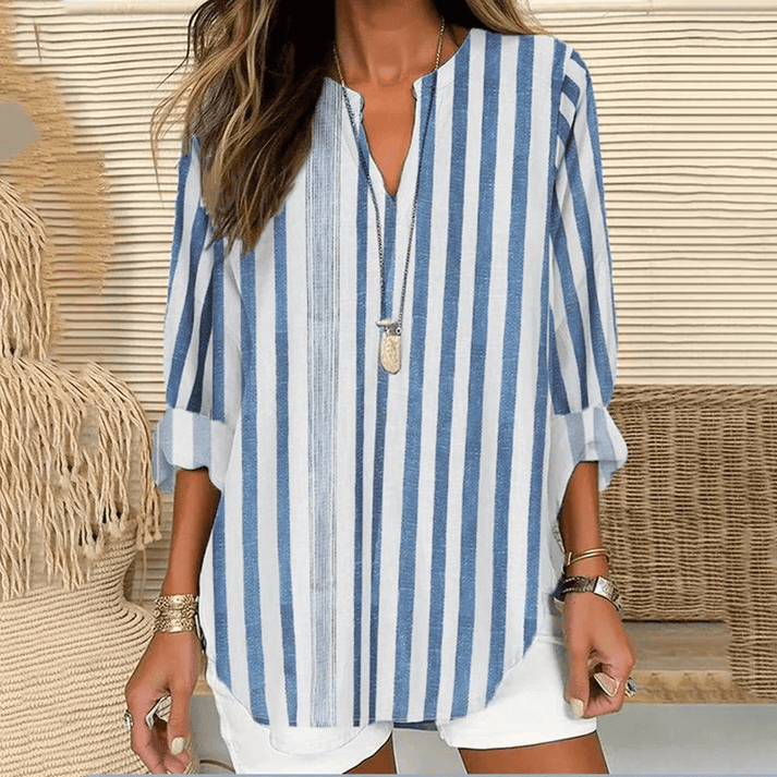 Women’s Tunic Top – Relaxed Fit – V-Neck – 3/4 Sleeve – Striped – Natural Fibers