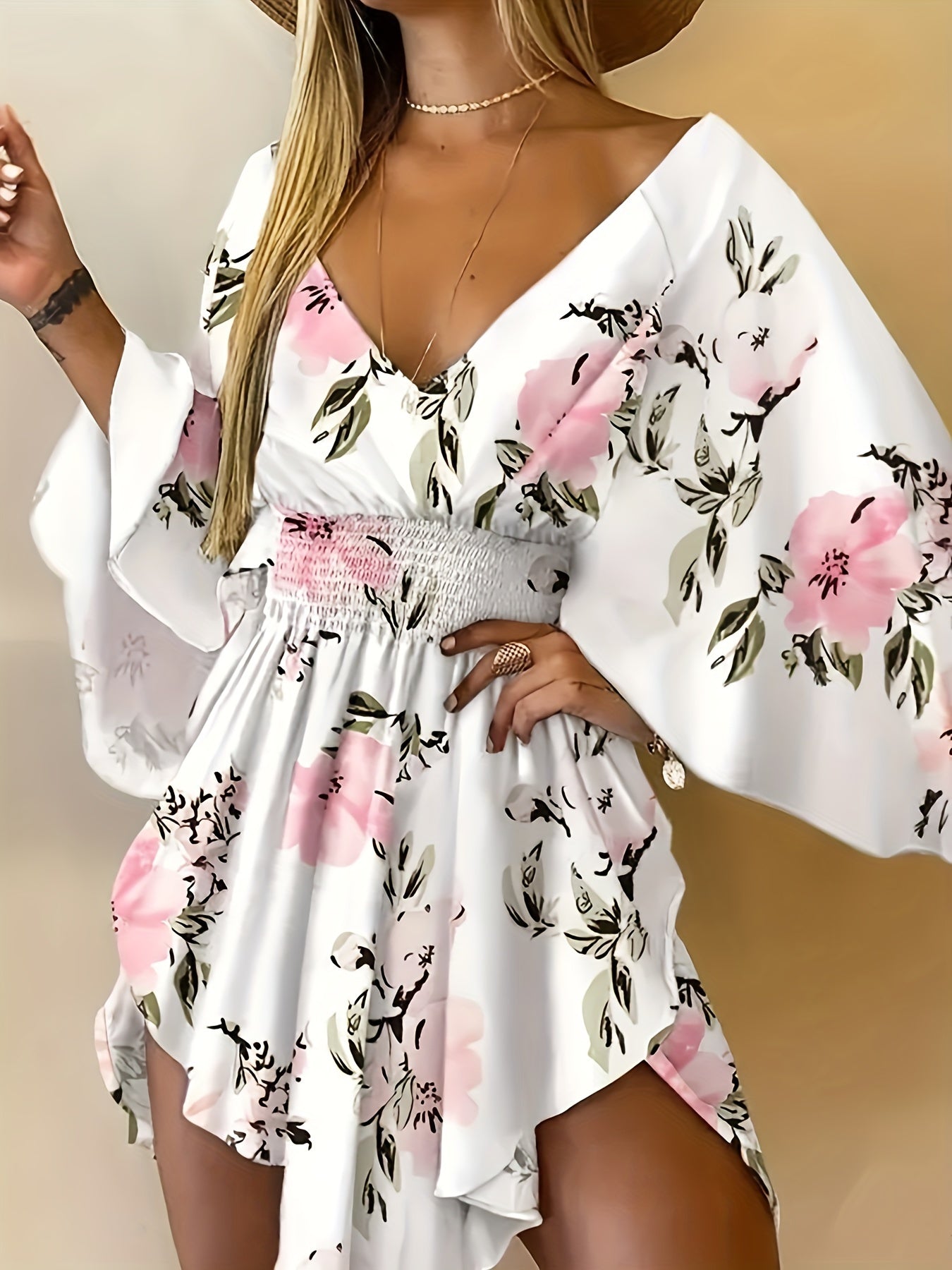 Women's Floral Dress - V-Neck - Bell Sleeves - Smocked Waist - Ruffled Asymmetrical Hem