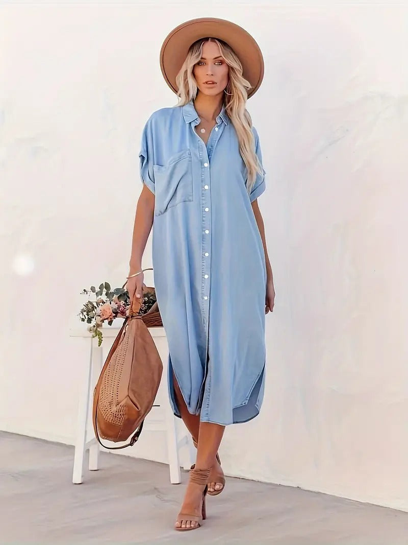 Women's Button-Up Midi Dress - Relaxed Fit - Short Sleeve - Collared Neck - Side Pockets