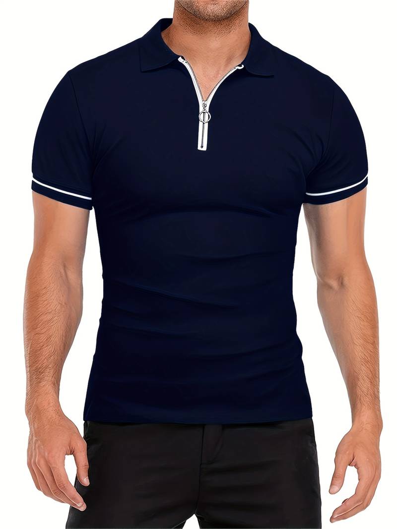 Men’s Polo Shirt – Slim Fit – Short Sleeve – Quarter Zip – Stylish Contrast Detail