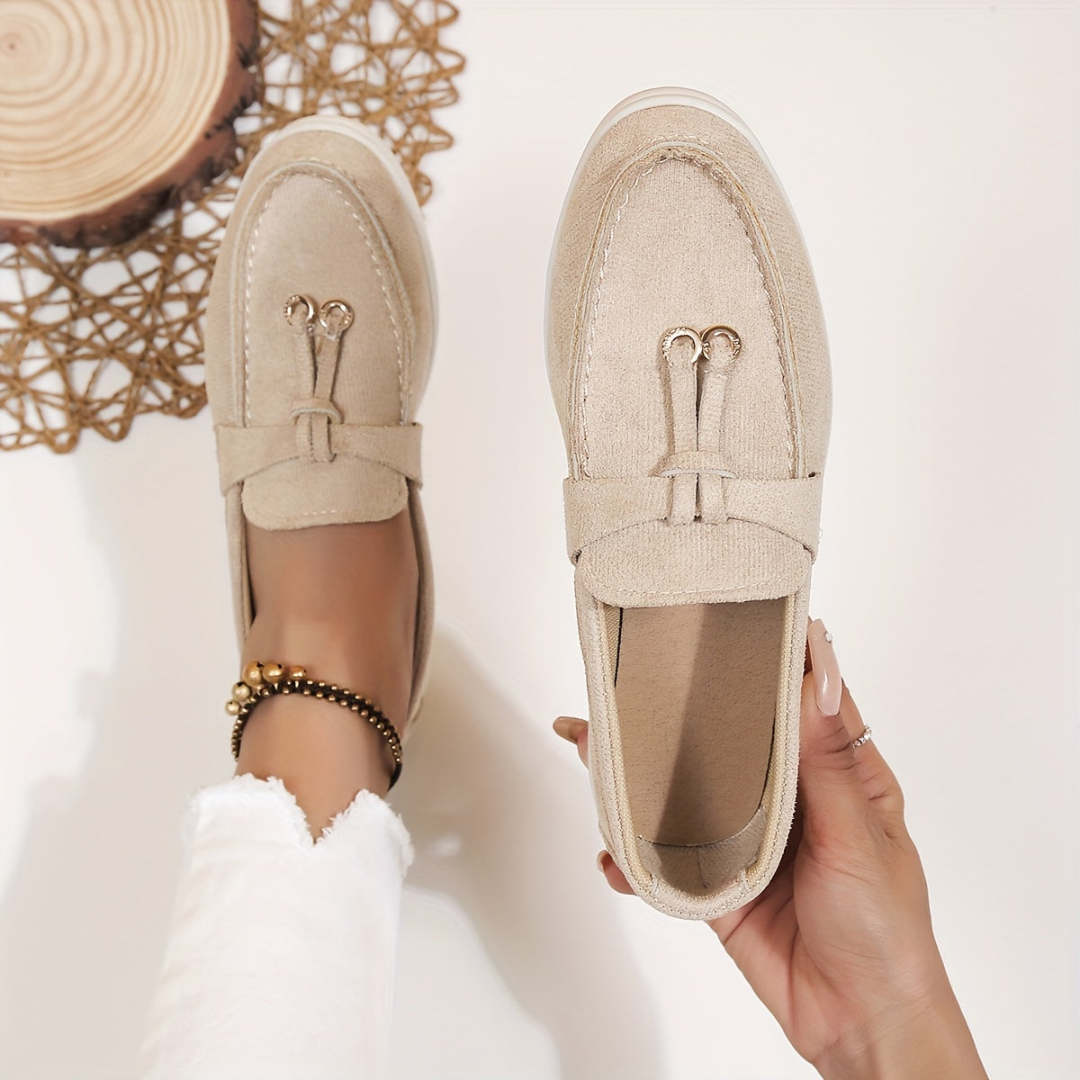 Women’s Slip-On Loafers – Woven Fabric – Decorative Lace – Casual Comfort Fit