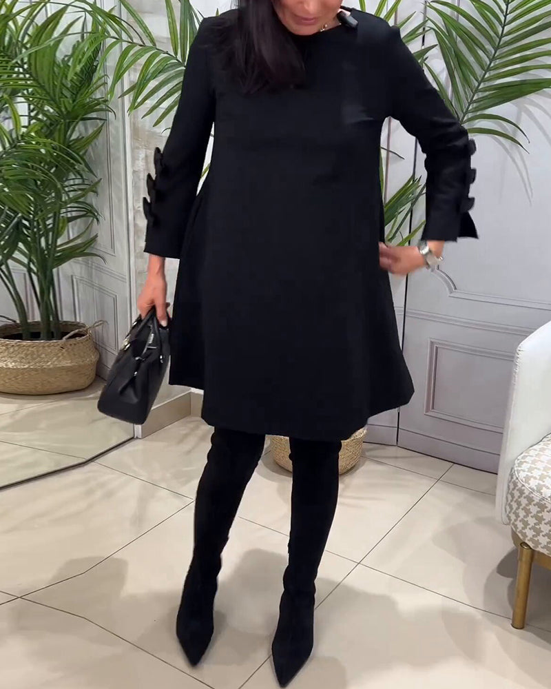 Women's A-Line Dress - Long Sleeve with Bow Detail - Elegant Knee-Length Round Neck