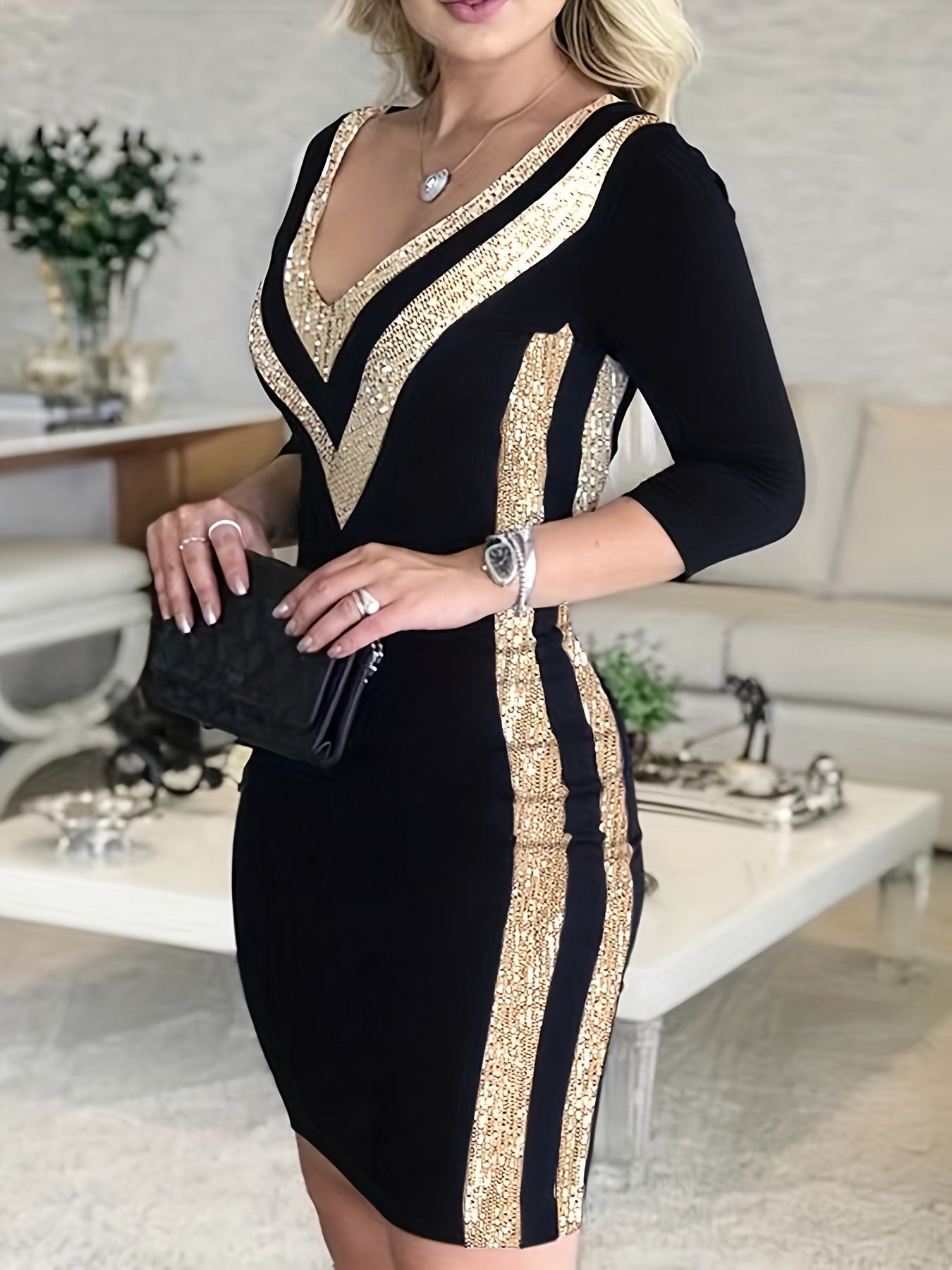 Women's Bodycon Dress - V-Neck - Long Sleeve - Sequin Embellished Elegant Fit