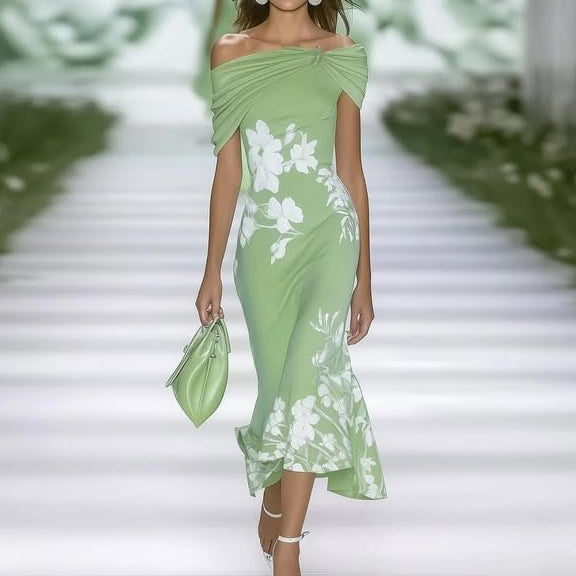 Women’s Midi Dress – Off Shoulder – Fitted Waist – Floral Print – Breathable Blend