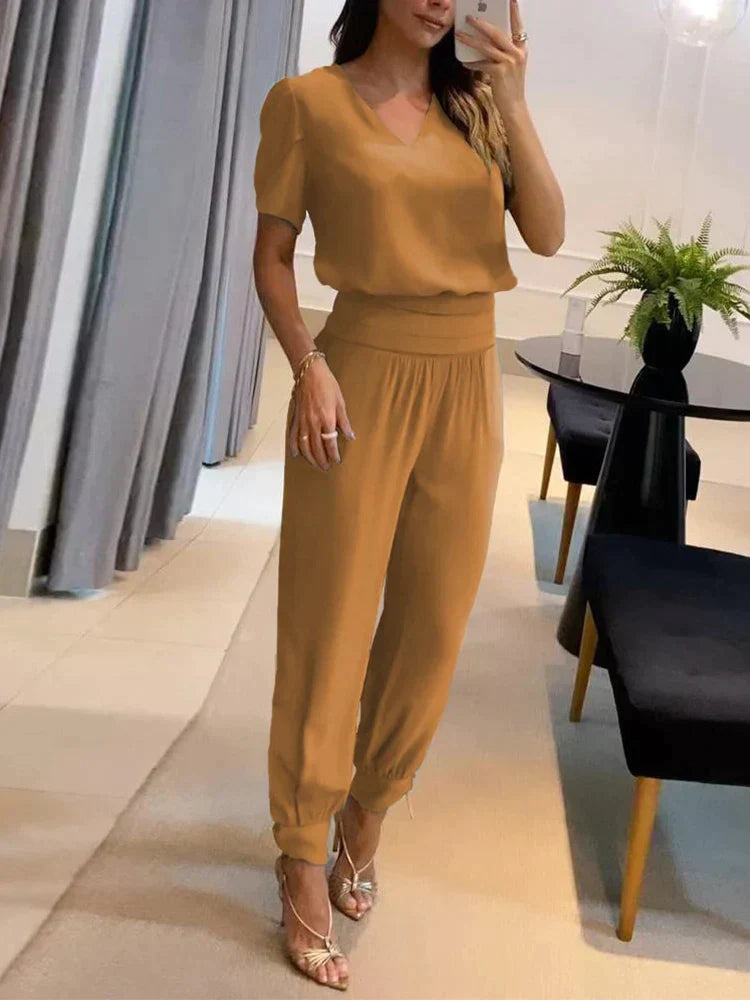 Women's Two-Piece Set – V-Neck Short Sleeve Top & Elastic Waist Pants – Relaxed Fit