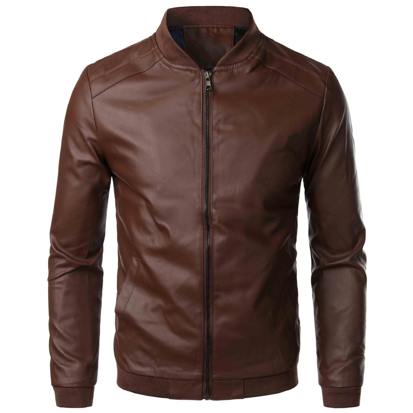 Men’s Leather Jacket – Slim Fit – Stand Collar – Zipper Front – Ribbed Cuffs