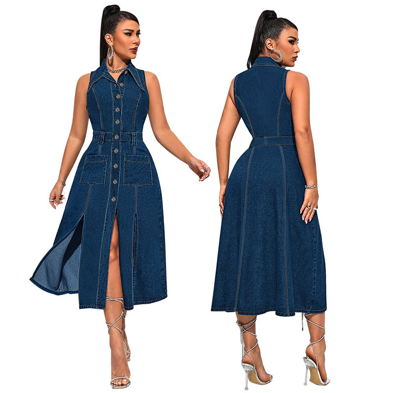 Women's Denim Midi Dress - Button-up Front - Sleeveless