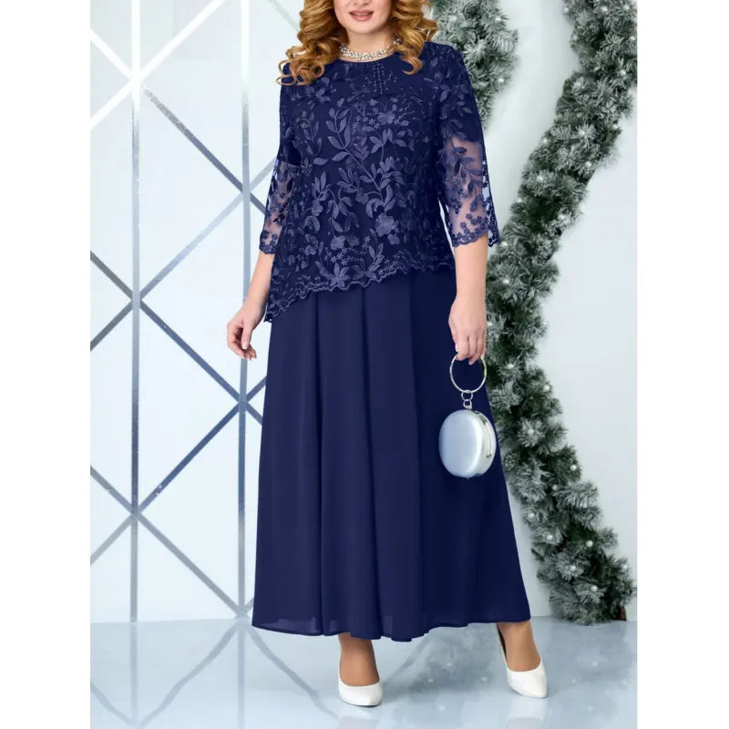 Women’s Formal Maxi Dress – Floral Lace Bodice – Flowing Fit – 3/4 Sleeves