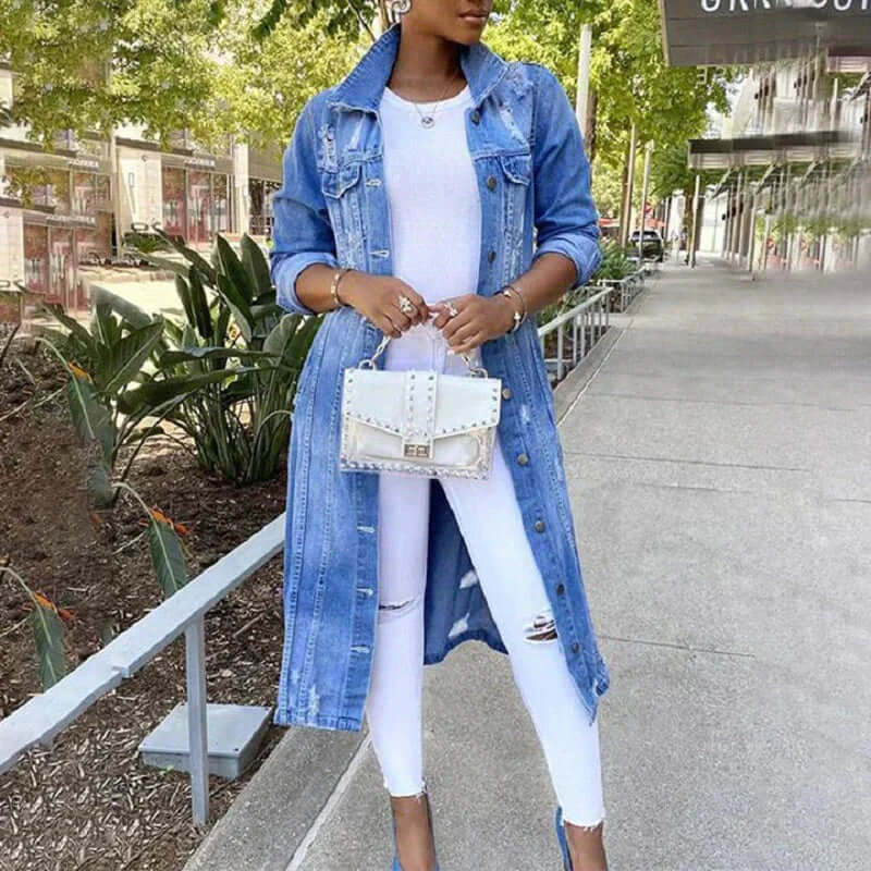 Women’s Trench Coat – Denim – Relaxed Fit – Distressed – Full Length – Button Front