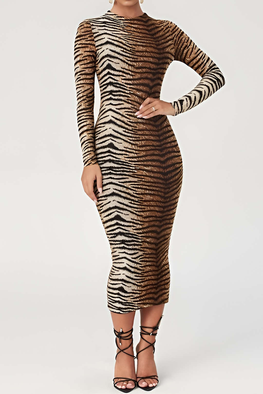 Women's Bodycon Midi Dress - Long Sleeve - High Neck - Animal Print Stylish Fit