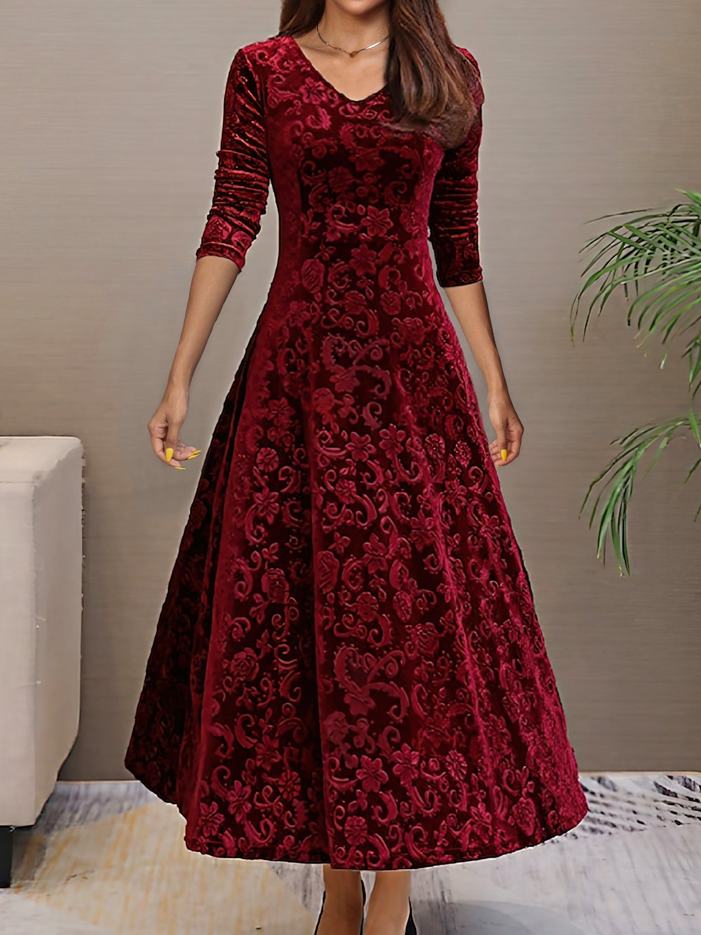 Women's Formal Dress - V-Neck - Floral Pattern - Velvet Elegant Evening Wear