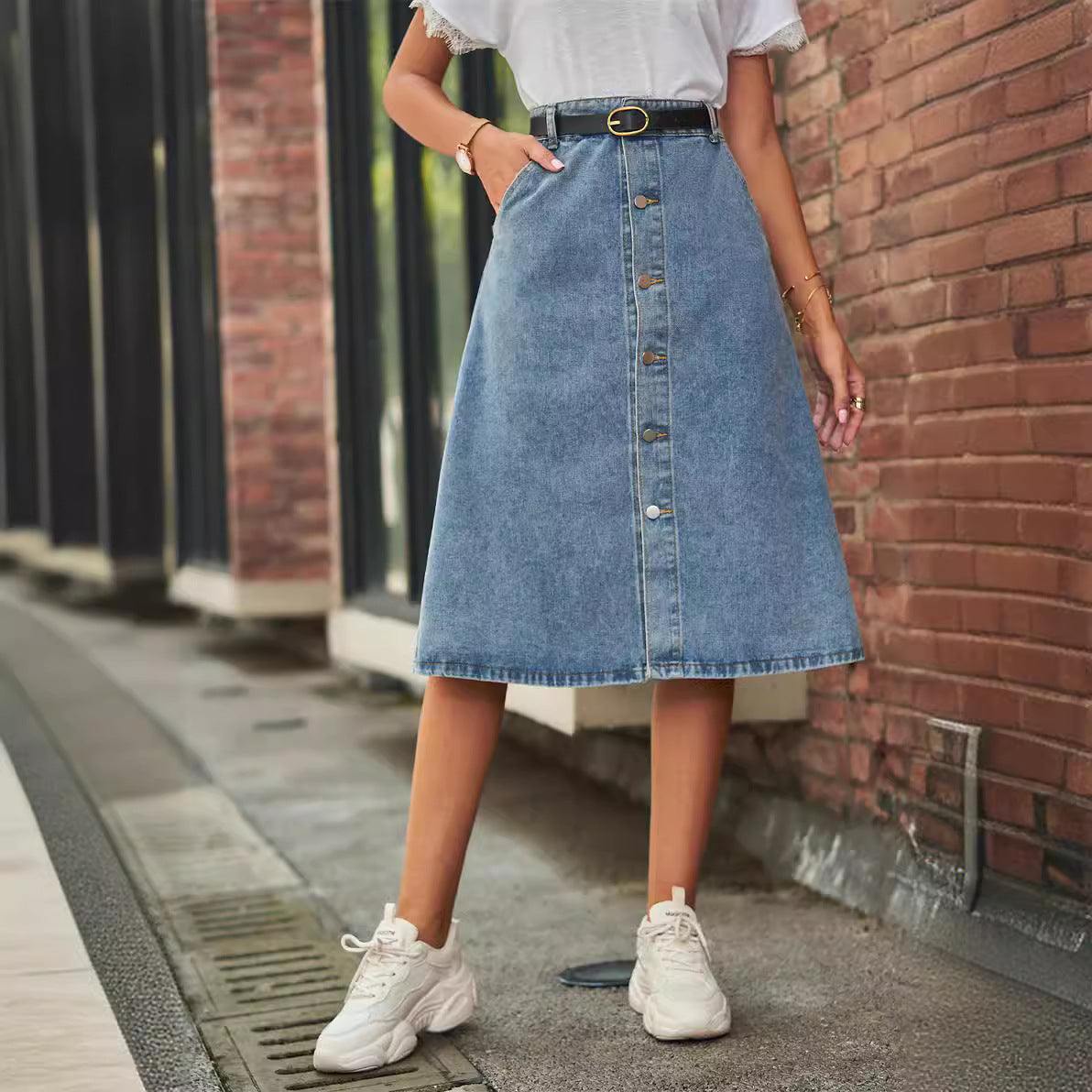 Women's Midi Denim Skirt - High Waist A-Line - Button Front Casual Chic