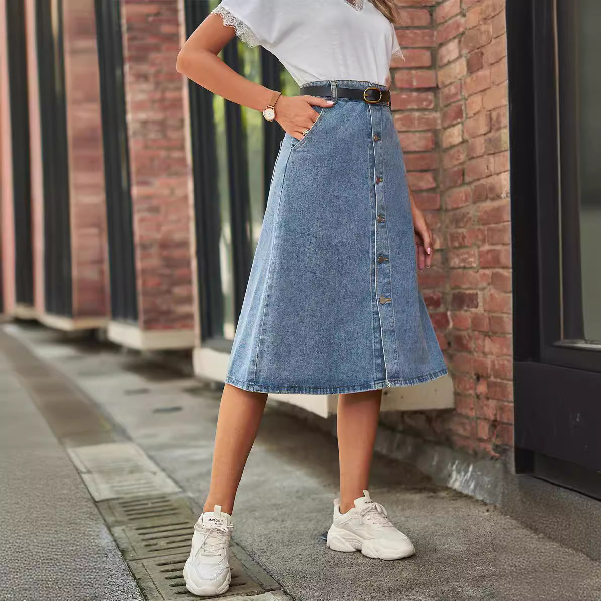 Women's Midi Denim Skirt - High Waist A-Line - Button Front Casual Chic