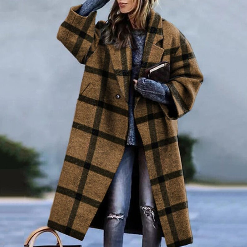 Women’s Long Coat – Wool Blend – Oversized Fit – Single Button – Color block Style