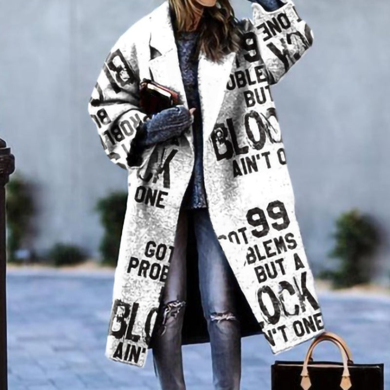 Women’s Long Coat – Wool Blend – Oversized Fit – Single Button – Color block Style