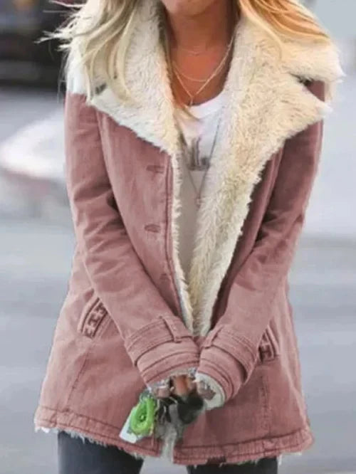 Women’s Coat – Tailored Fit – Faux Shearling Lined – Mid Length – Oversized Lapel