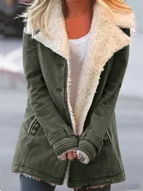 Women’s Coat – Tailored Fit – Faux Shearling Lined – Mid Length – Oversized Lapel