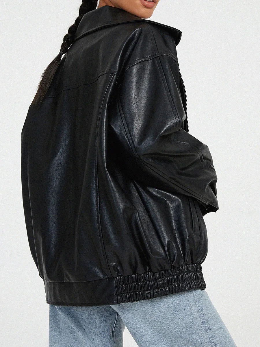 Women’s Bomber Jacket – Oversized Fit – Faux Leather – Zip Front – Ribbed Trim