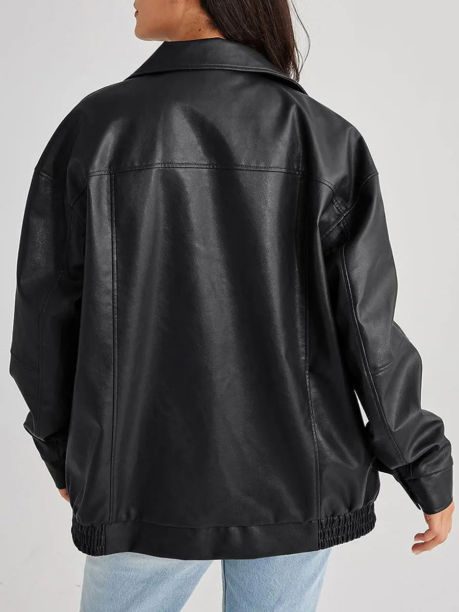 Women’s Bomber Jacket – Oversized Fit – Faux Leather – Zip Front – Ribbed Trim