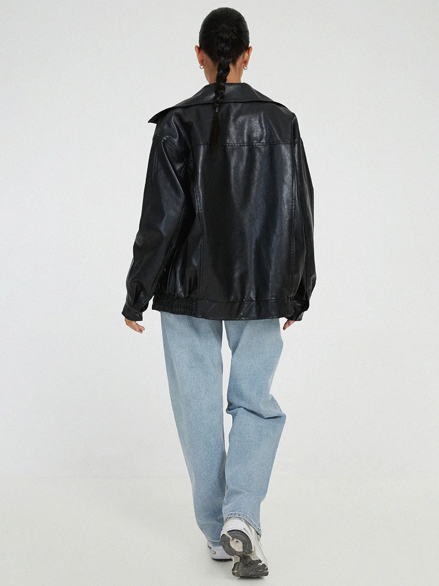 Women’s Bomber Jacket – Oversized Fit – Faux Leather – Zip Front – Ribbed Trim
