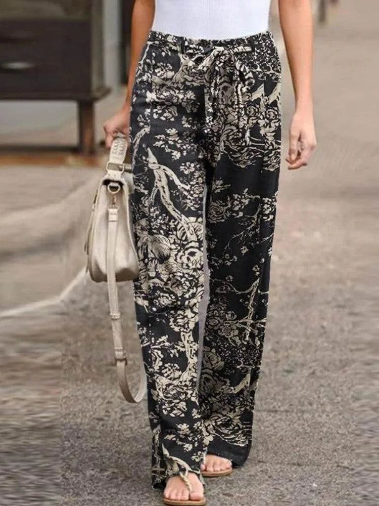 Women's Wide-Leg Trousers - Lightweight Breathable Fabric - Elastic Drawstring Waist - Boho Floral Pattern