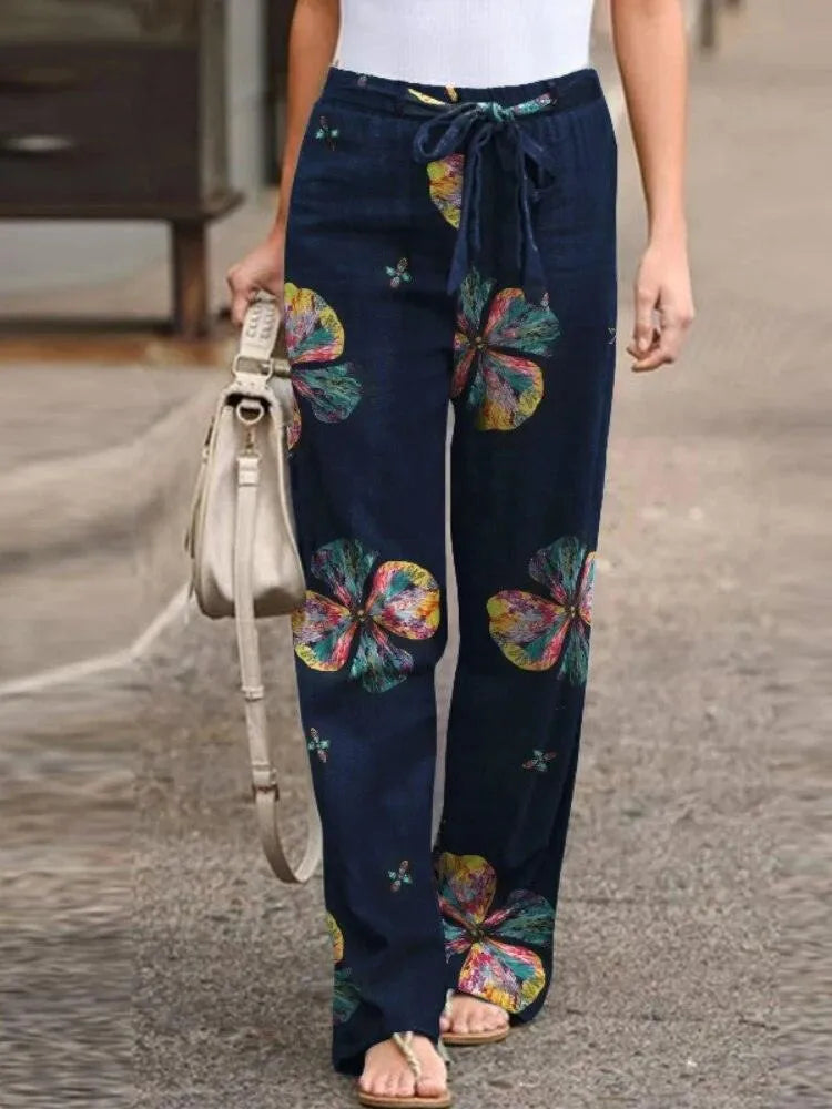 Women's Wide-Leg Trousers - Lightweight Breathable Fabric - Elastic Drawstring Waist - Boho Floral Pattern
