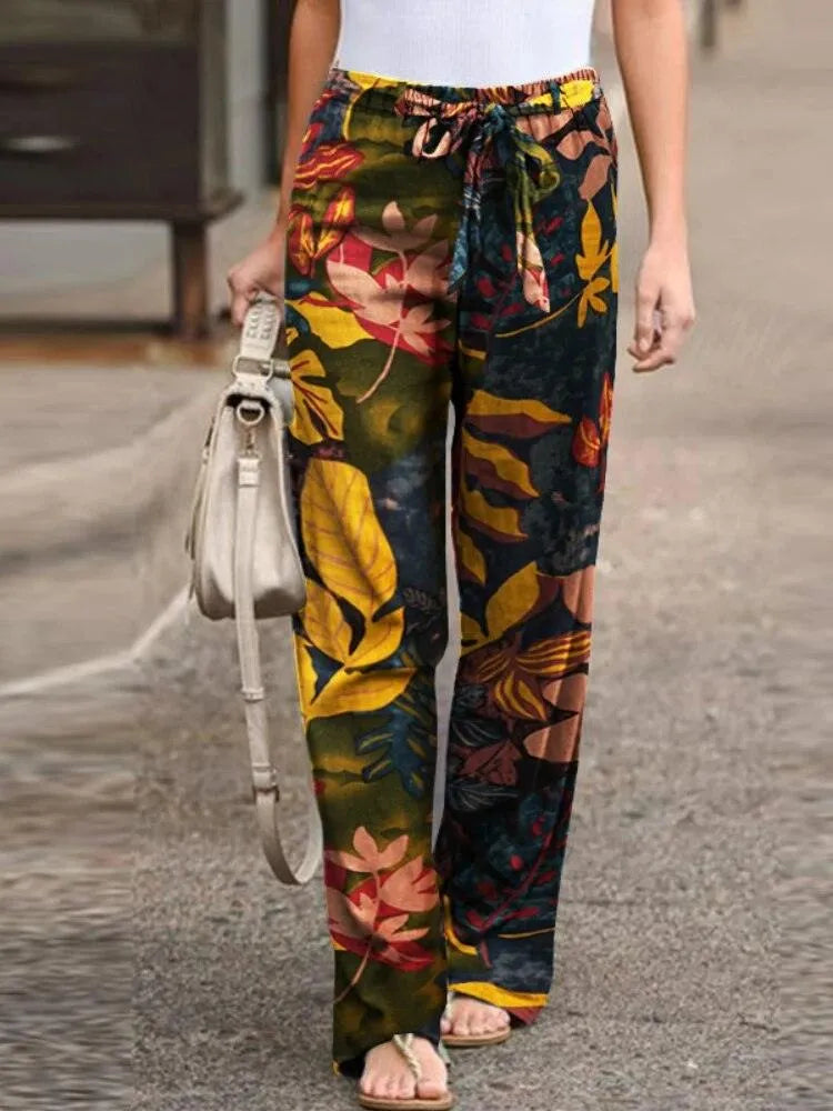 Women's Wide-Leg Trousers - Lightweight Breathable Fabric - Elastic Drawstring Waist - Boho Floral Pattern