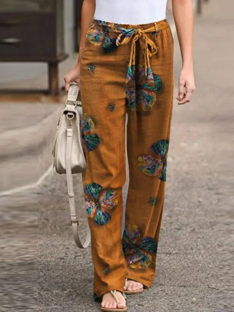 Women's Wide-Leg Trousers - Lightweight Breathable Fabric - Elastic Drawstring Waist - Boho Floral Pattern